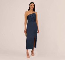 Adrianna Papell Dark Navy Blue Pleat One-Shoulder Cocktail Dress Size 10 $199