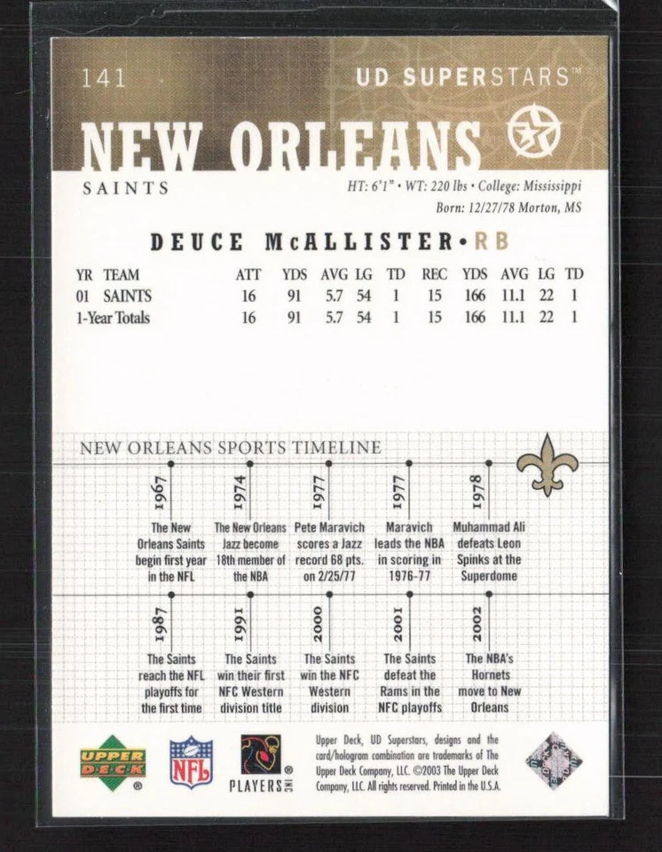 2002-03 UD SuperStars #141 Deuce McAllister - Image 2 of 2
