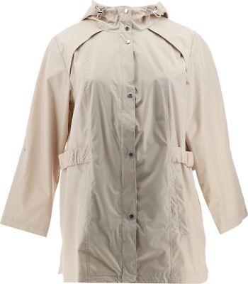Susan Graver Water-Resistant Hooded Jacket Gingham Print Khaki 2X NWOT (878)