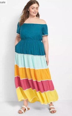 Lane Bryant Off-Shoulder Colorblock Striped Multicolor Plus Sz.14/16 Maxi Dress 