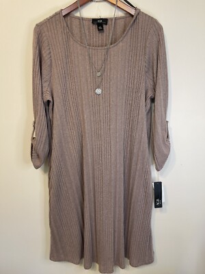 AGB Dress Blush Ribbed Knit 1x Roll Sleeves Necklace Lagenlook Minimal Comfort