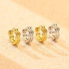 Women Real s925 Sterling Silver Waves Geometry Huggie Earring Stud Ear Hoop