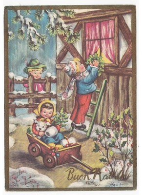 Decorazioni Natalizie Anni 60.Hans Cartolina Buon Natale Anni 60 Bambini Decorazioni Natalizie Slitta Cane Ebay