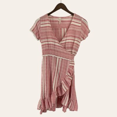 RAGA Red and Cream Striped Wrap Linen Dress Size Small