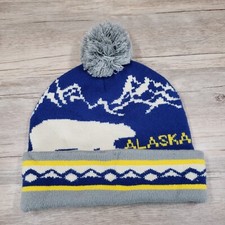 Alaska Knit Cap Beanie Hat Polar Bear Blue Gray Pom Yellow Stripes OS