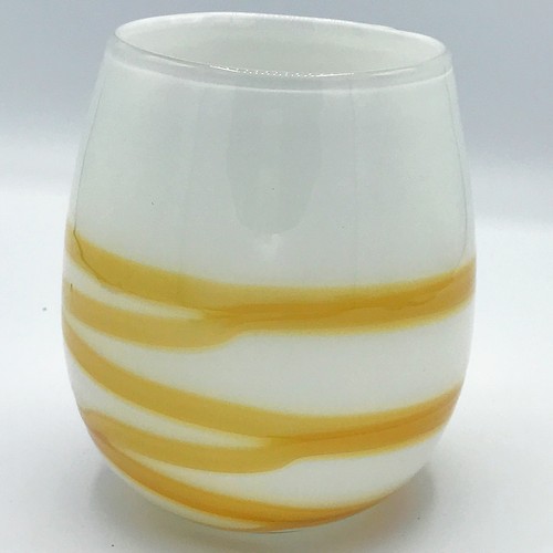 Handblown White Vase with Yellow Swirl Design - Picture 3 of 5