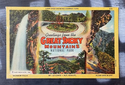 Vintage GREAT SMOKY MOUNTAINS NP Post Card No.535 Loop Over Showing Chimney Tops