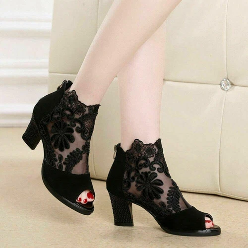 Womens Breathable Lace Ankle Boots Peep Toe Mid Block Heels Sandals Roman Shoes - Picture 5 of 19
