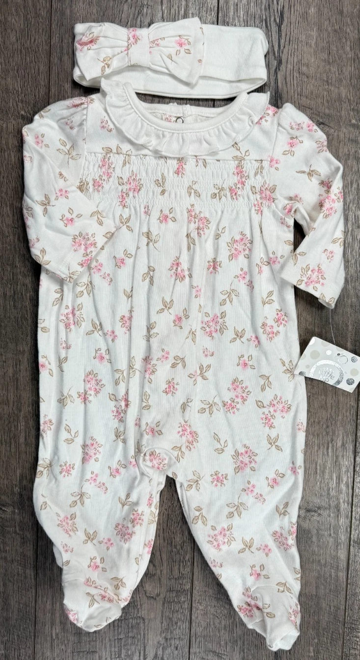 Baby Girl Clothes New Little Me 3 Month 2pc Pink Flower Footed Outfit & Headband