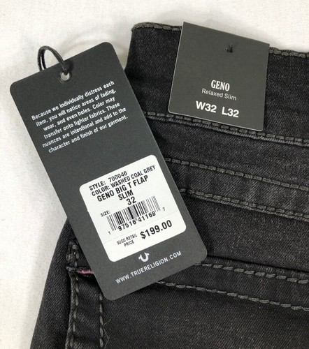 Pantalones de mezclilla ajustados relajados con solapa True Religion Geno Big T para hombre 32 X 32 gris carbón lavado nuevos con etiquetas - Imagen 9 de 19