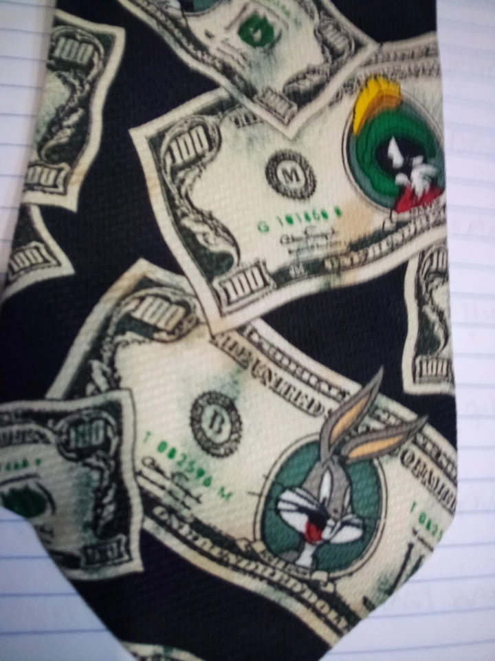 Corbata vintage de dibujos animados Money Taz, Bugs, Marvin Warner Brothers Looney Tunes 1998 Foto 2 de 4