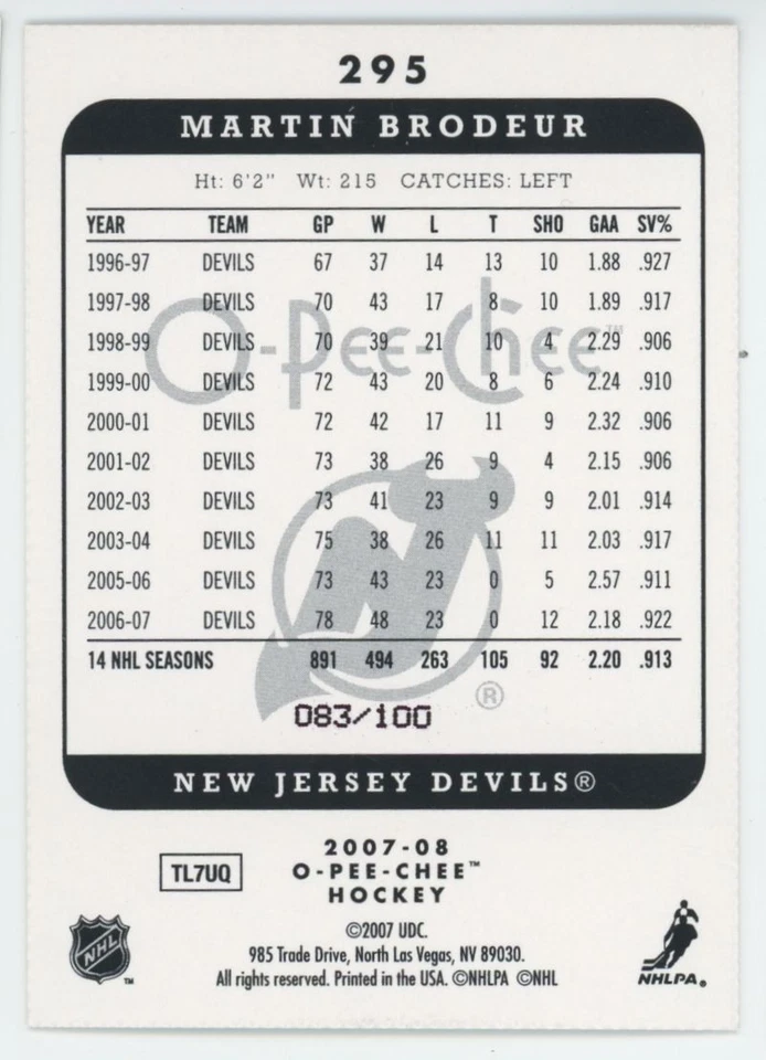 2007-08 O-PEE-CHEE Martin Brodeur #295 MICROMOTION BLACK /100 - Image 2 of 2