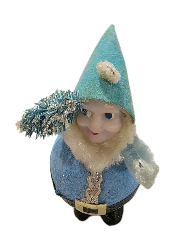 Vintage Christmas Putz Santa Gnome Elf Chenille Brush Tree Ornament Mica Glitter