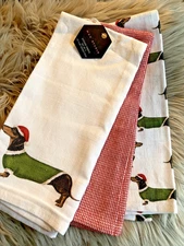 MAX STUDIO - SET OF 3 DACHSHUND DOXIE SANTA CHRISTMAS KITECHEN TOWELS - NWT