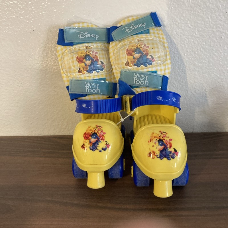 Kids Pair Of Winnie The Pooh Yellow Blue Adjustable Quad Roller Skates Knee Pads