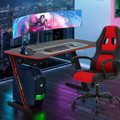Z-Shaped Gaming Desks with Headphone Hook and Adjustable Feet Gaming Table Desk,