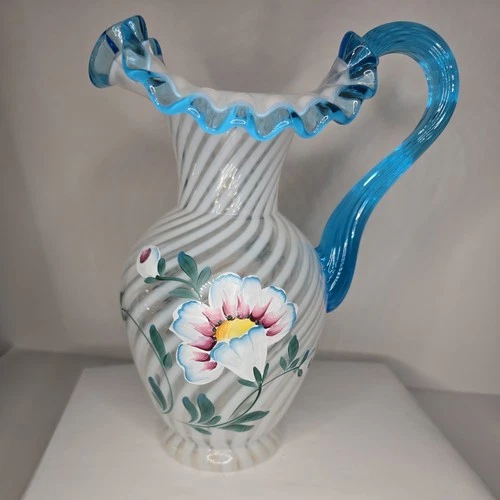 Fenton 90th Spiral French Opal Blue Handle & Ruffle Rim Poppy Art Glass Pitcher