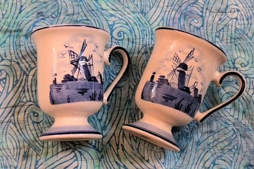 Set of 2 Delft Blue Pottery Footed Handpainted Windmill Mugs DAIC Holland