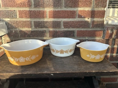 SET OF 3 VINTAGE RETRO PYREX MIXING BOWLS 473 474 475 BUTTERFLY GOLD