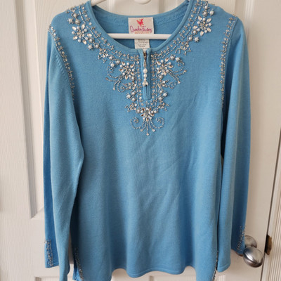 Quacker Factory Sweater Womens Medium Blue Pullover Beaded 1/4 Zip Bling
