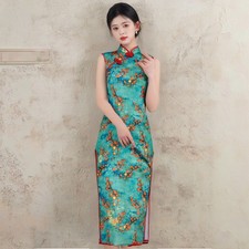 Women Midi Dress Traditional Floral Cheongsam Mandarin Collar Qipao Slim Slit