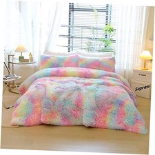 Kids Girls Faux Fur Comforter Sets - 3PC Bed Set Soft Warm Twin/Full Rainbow