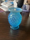 Vtg Fenton Art Glass Blue Hobnail Opalescent Smooth Rim 3.75" Bud Vase