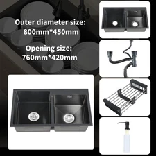 Modern 32"x18" Black Stainless Steel Double Kitchen Sink w/ Faucet & Drain Set