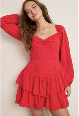 Francesca's Red Jacquard Ruffle Mini Dress Balloon Sleeve Sweetheart Zip Size S 