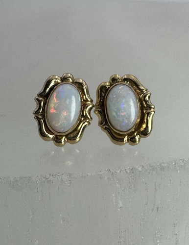 14K Solid Gold Vintage Australian Coober Pedy Opal Stud Earrings
