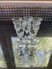 VINTAGE Etched Glass Cordial Clear Glasses W/ Leaves Pattern (SET OF 6) 3.5"H