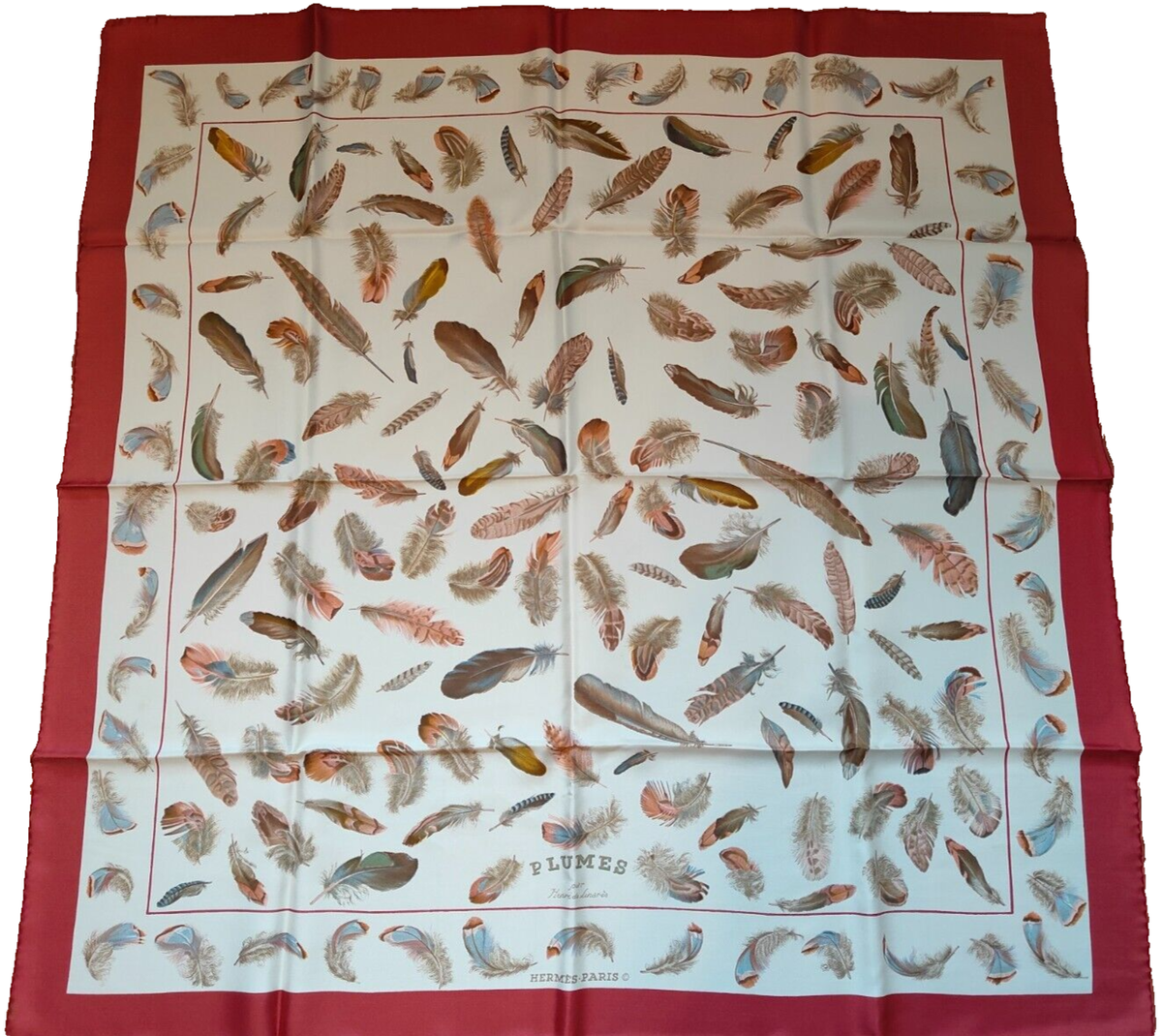 Hermes Scarf Plumes Red 90cm Silk Carre Feather HENRI DE LINARES