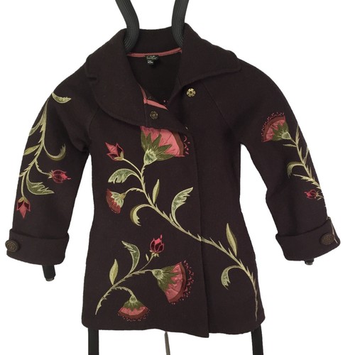 Covelo Wool Coat Womens Brown Floral Embroidered Silk Flowers Sz Small Art Wear eBay