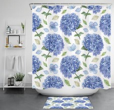 Summer Green Leaf Blue Hydrangea Flower Shower Curtain Set for Bathroom Decor