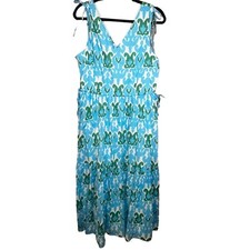 Talbots Dress 16P Ikat Blue Green Midi Tiered Cotton Sleeveless Fit Flare NEW
