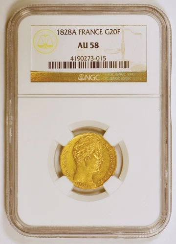 RARE GRADE 1828 France 20 Francs Gold Coin Charles X Paris Mint NGC Graded AU58