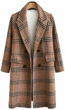 Women's Winter Oversize Lapel Collar Woolen Plaid Double Breasted Pea Coat Cml 