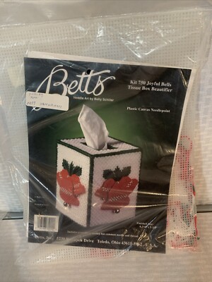 Vtg Betts Plastic Canvas Needlepoint Kit 750 Joyful Bells Tissue Box Cover NOS