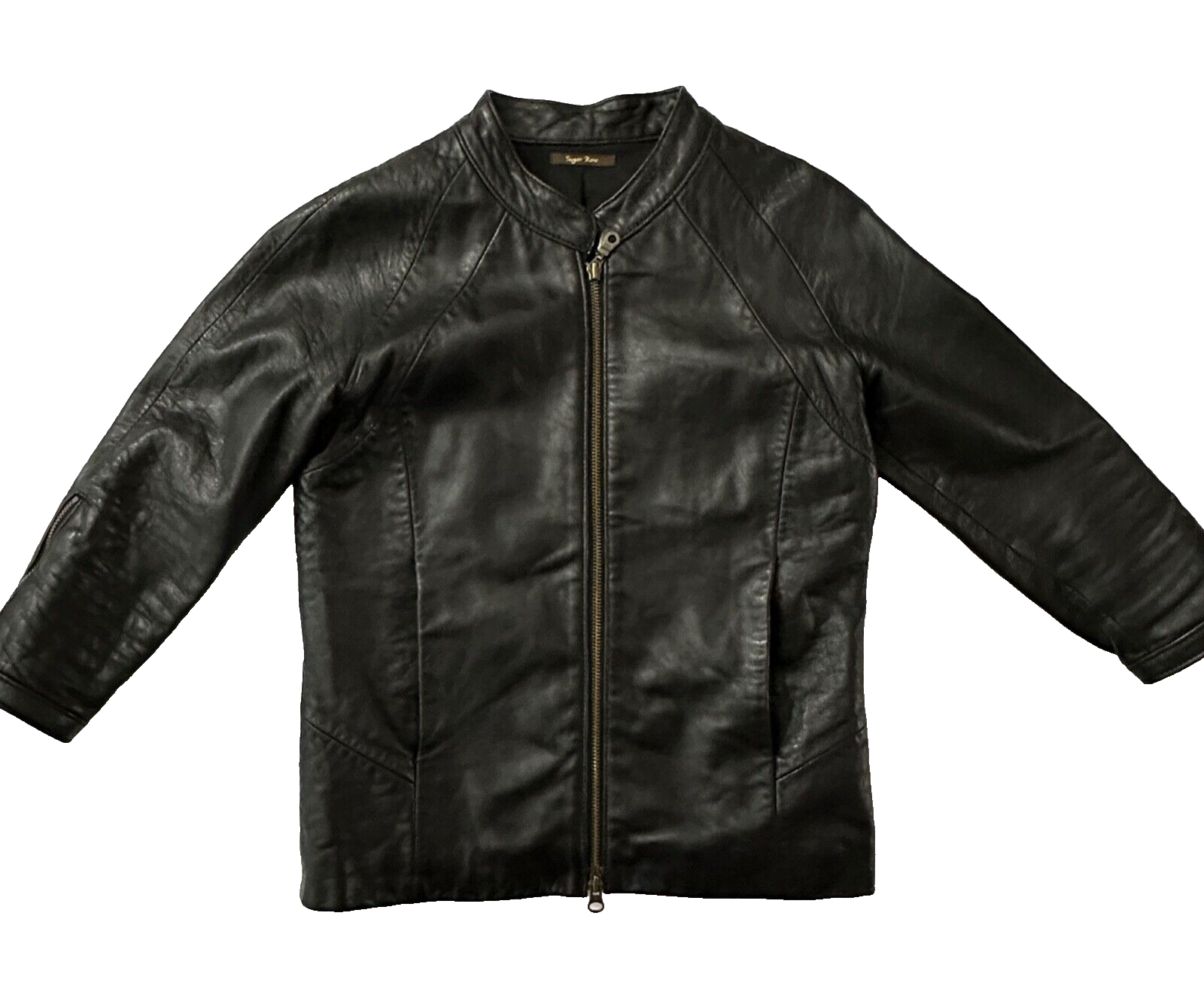 Sleek Black Sugar Rose Women's Moto Leather Jacket 3/4 Sleeve Zip Petite XXS