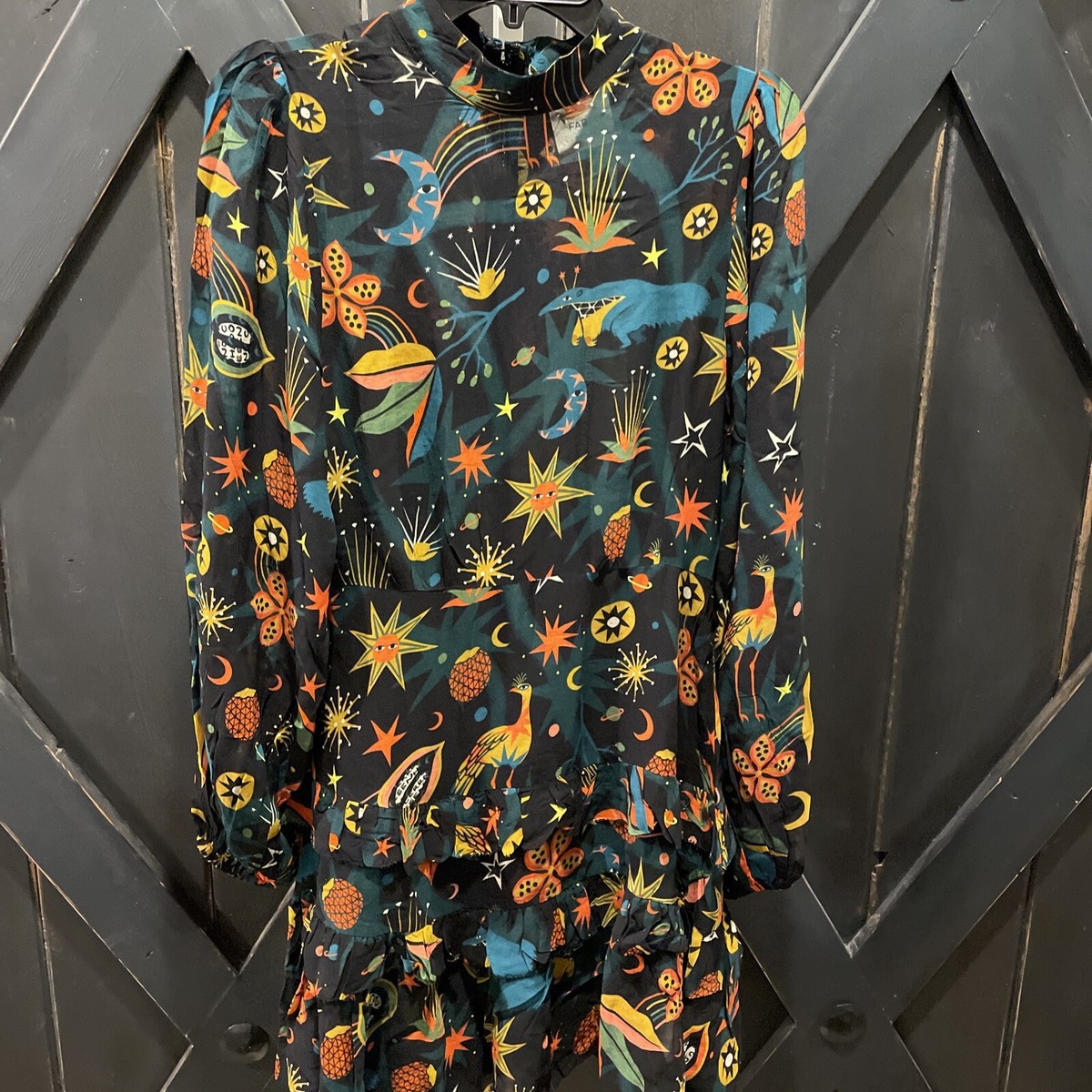Farm Rio Cerrado Sky Floral Printed Ruffle Black Mini Dress