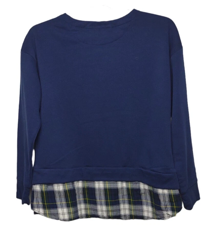 IZOD Tie Front 2-Fer Sweatshirt Large Plaid Hem Blue Green Sweater Top - Image 4 of 4