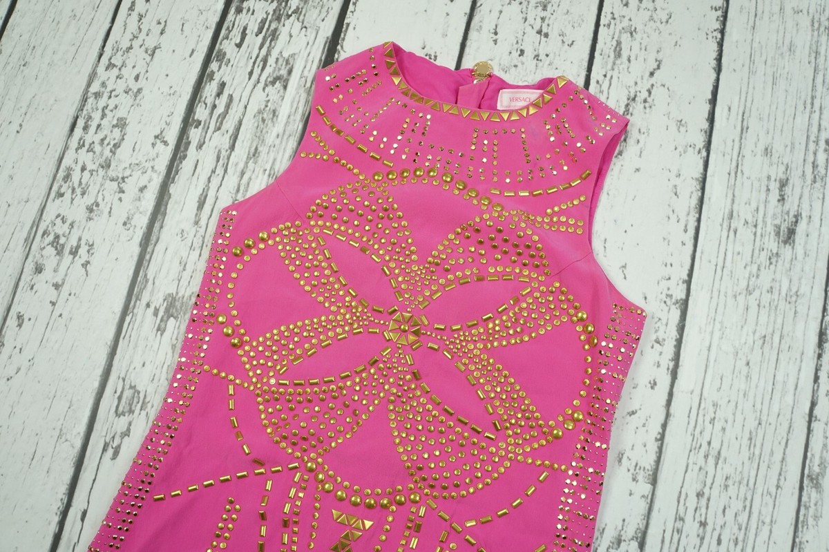 strapless open back dress 2005 Versace Couture Runway Pink Beaded Stretch Silk High-Low Gown