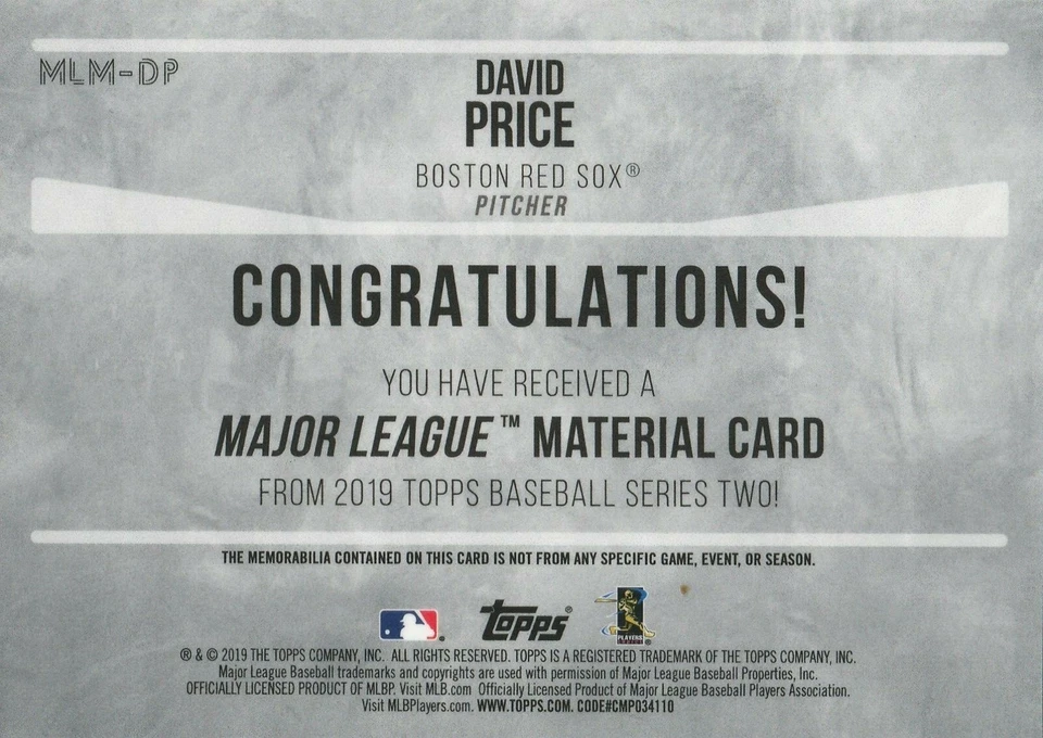  2019 Topps Series 2 Baseball David Price Major League Material Relic MLM-DP - Image 2 of 2