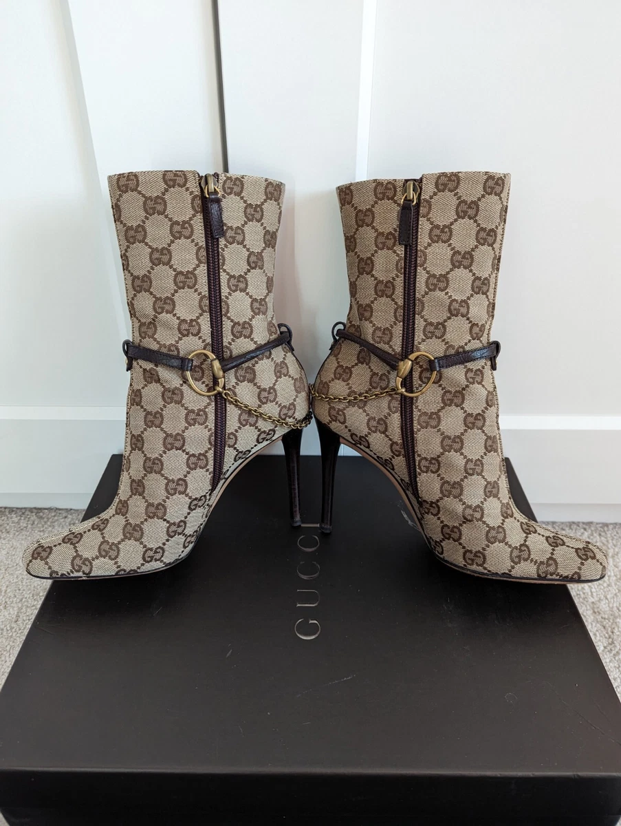 Gucci GG Monogram Marmont Ankle Length Beige Fabric Heeled Boots UK 4 EU 37  US 7