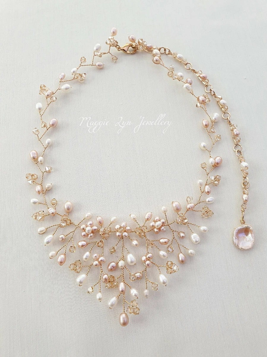 Bridal wedding necklace crystals freshwater pearls blush pink gold