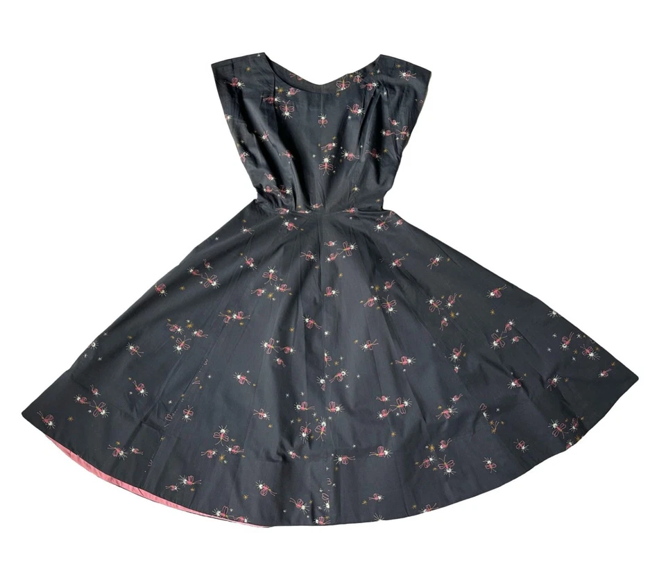Vestido Falda Círculo Gatito Rockabilly Firefly Años 50 De Colección - Gris Oscuro y Rosa Foto 4 de 4
