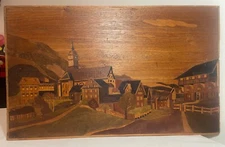 antique handmade carved marquetry wood church town landscape wall art veneer