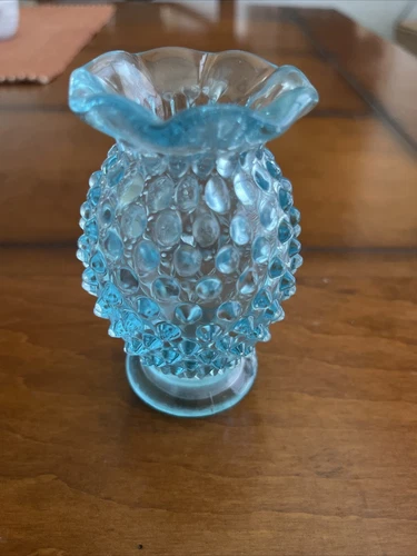 Fenton Blue Hobnail Glass Vase Miniature Ruffle Rim 4"T Vintage Art Glass