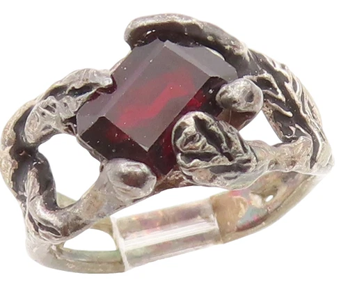 925 Sterling Silver Vintage Ring Garnet Brutalist Design Band  Sz 5  RG35955
