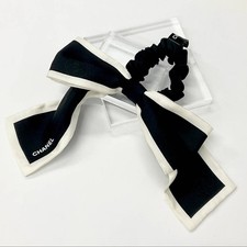 CHANEL Camellia Coco Mark Logo Ribbon Silk Scrunchie Hair Tie Black White w/Box